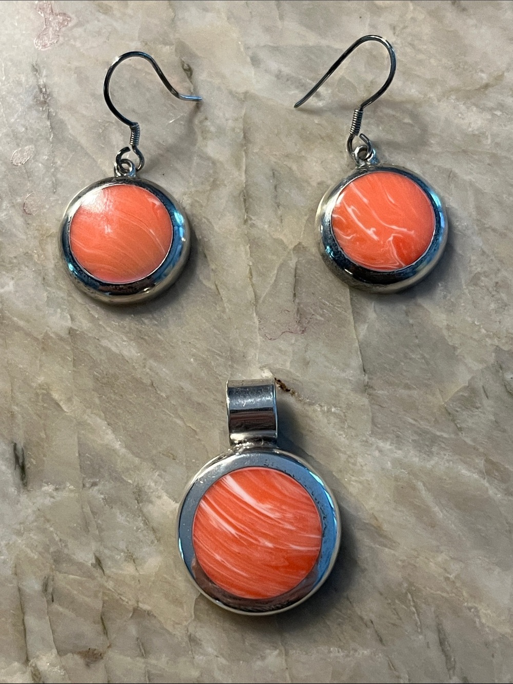 Natural Coral and Sterling Silver Pendant and Earrings Set